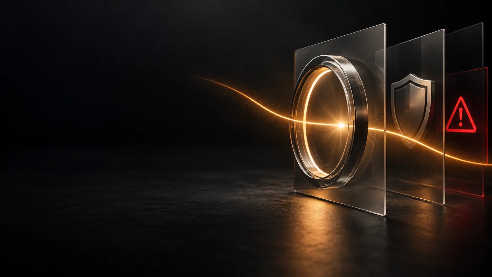 Abstract amber verification beam passing through glass safety panels