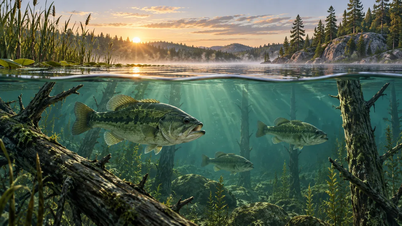 Bass swimming beneath the surface of a quiet lake at dawn